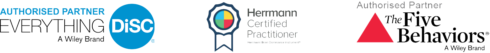 Everything DiSC Authorised Partner, The Five Behaviours, and Herrmann certified practitioner logos
